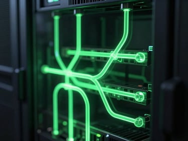 Macro photograph of glowing green biotechnology lines flowing through a dark glass server rack, high-contrast dramatic lighting