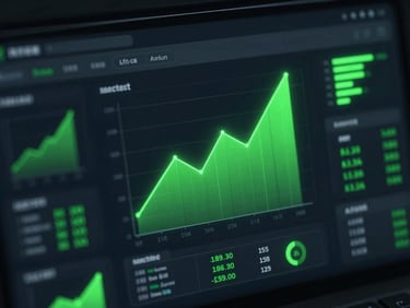 Dark glassmorphic UI mockup of a financial dashboard, illuminated by sharp neon green analytics graphs, high-contrast 3D render