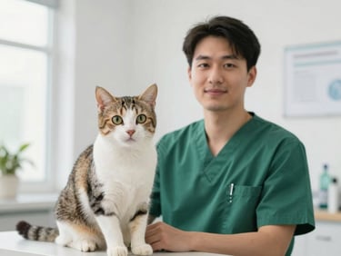 Professional portrait of a male feline behaviorist in a bright, modern veterinary clinic, soft natural light, clean background
