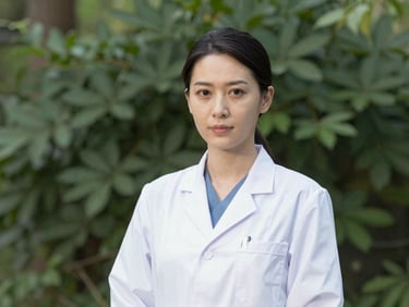 Professional portrait of a female veterinarian in a clean white coat, bright natural daylight, soft focus domestic background, 50mm lens