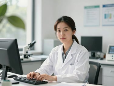 Professional portrait of a female feline geneticist in a bright sunlit research office, clean minimal aesthetic, 50mm lens
