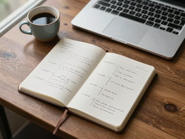 Close overhead angle of a wooden desk surface with an open strategy notebook filled with handwritten channel plans, a laptop keyboard at the top edge, and a ceramic coffee cup to the side, soft natural daylight from a window to the left