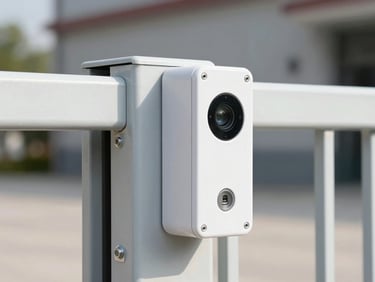A sharp close-up of a modern automated steel driveway gate mechanism with safety sensors visible, clean industrial details, daylight.