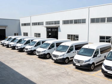 Wide shot of a newly branded corporate vehicle fleet parked in a clean modern industrial lot, bright daylight, sharp high-contrast photography