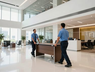 Wide environmental shot of uniformed professional movers carefully carrying a heavy executive desk through a bright, spacious modern office lobby in Dubai, crisp daylight, 35mm