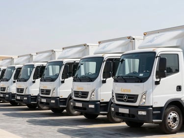 Branded modern moving trucks lined up in Dubai Investment Park under bright midday sun, clean corporate logistics scene, sharp focus.