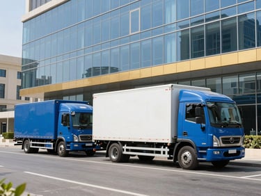 Wide environmental commercial shot of modern blue and white moving trucks parked outside a clean glass office building in Dubai, crisp daylight, 35mm