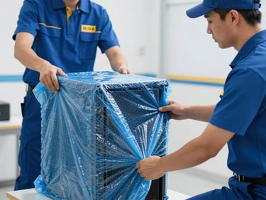 Bright commercial photography of uniformed professional movers carefully wrapping a computer server in blue protective bubble wrap, crisp daylight, sharp focus, 35mm