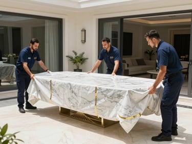 Uniformed professional movers carefully wrapping a heavy marble dining table in thick protective blankets inside a bright, premium Dubai villa, daylight.