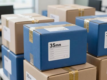 Close-up of organized office moving boxes with neat printed labels and secure gold-accented packing tape in a bright corporate setting, sharp focus, 35mm