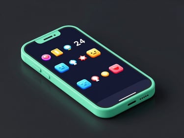 Vibrant game screenshot of a lightweight casual arcade game on a sleek phone screen, clean digital 3D render, mint green accents, dark background.