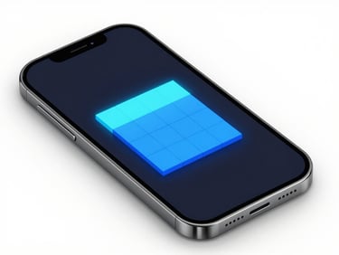 Clean digital 3D render of a mobile screen displaying a dark mode geometric block puzzle with electric blue active tiles