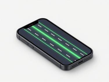 Clean digital 3D render of an isometric mobile mockup featuring a high-speed vector highway with green neon accents