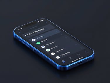 Isometric device mockup showing an offline mobile database interface, crisp digital 3D render, dark mode, electric blue neon accents, studio lighting.