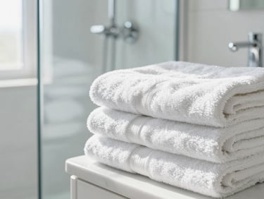 Immaculate, sun-drenched bathroom, polished chrome fixtures, spotless glass shower, neatly folded white towels, macro shot
