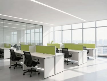 Clean, modern office space, polished glass partitions, dust-free desks, sunlit, wide-angle