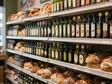 Candid shot of a modern food market interior, shelves stocked with artisanal olive oil and fresh bread, soft natural lighting