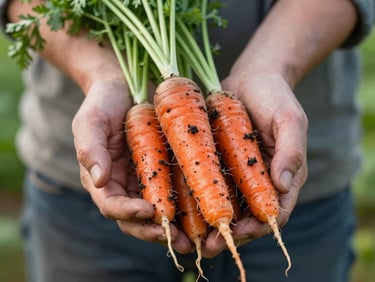 Close-up of farmer's hands holding freshly harvested heirloom carrots covered in rich soil, soft morning light, shallow depth of field
