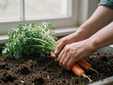 Hands pulling fresh organic carrots from dark soil, soft natural morning window light, cozy editorial photography, 35mm
