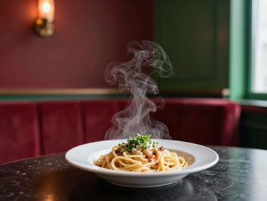 Cozy Scandinavian-style restaurant interior, steam rising from a plate of handmade pasta on a dark table, warm candlelight, 35mm
