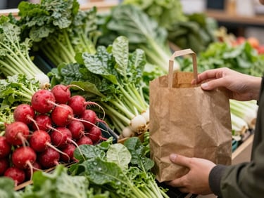 A local farmers market stall filled with organic greens and radishes, a hand handing a brown paper bag to a customer, warm natural lighting, cozy editorial style