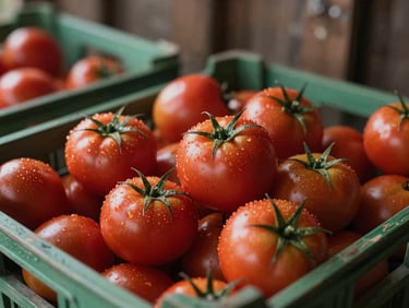 Crates of ripe red tomatoes stacked in a rustic barn, soft side light illuminating the dew on the skin, forest green accents, 35mm editorial photography