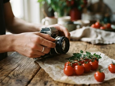 Cozy editorial close-up of hands adjusting a vintage camera lens over a rustic wooden table with fresh tomatoes and parchment paper, soft natural side-light, shallow depth of field