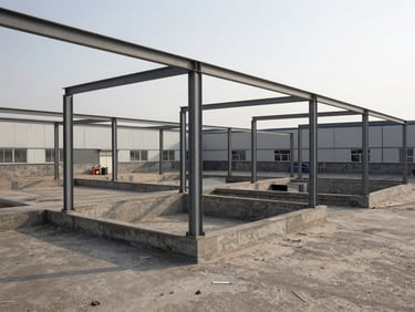 Industrial commercial site with concrete foundations and steel columns, overcast dawn lighting, high-contrast gritty documentary style.