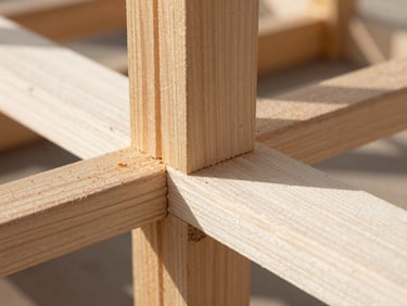 Macro close-up of a perfectly flush timber joint, heavy timber framing, raw wood grain texture, sharp focus, harsh natural daylight.