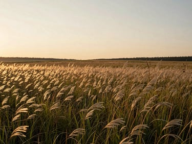 Wide scenic view of a quiet meadow with tall wild grass swaying in the warm breeze, soft sunset light illuminating the landscape
