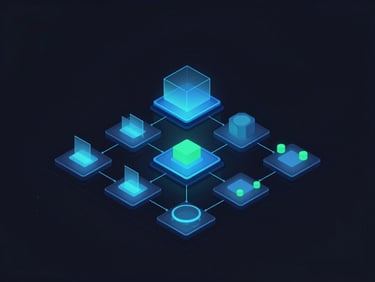 Clean isometric software architecture diagram with neon blue highlights, dark background, 21:9 aspect.