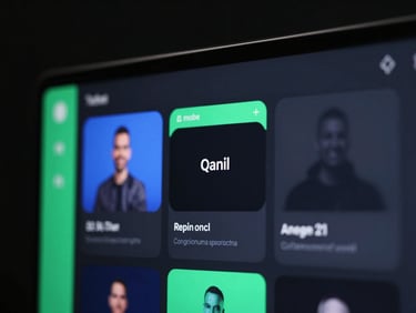 High-fidelity UI screenshot of an interactive live-session mockup with green accents, dark background, 21:9 aspect.