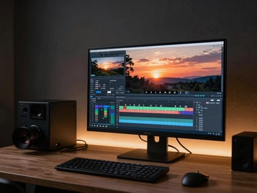 An elegant editing suite in a dark room, a large color-grading monitor showing a cinematic sunset scene, warm ambient glow behind the desk.