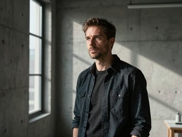High-contrast environmental portrait of an architect in a concrete studio, dramatic side-lighting from a narrow window, deep shadows, cinematic anamorphic crop.