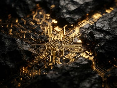 Extreme macro shot of glowing metallic gold circuitry embedded in dark obsidian, high-contrast chiaroscuro, dramatic gold backlighting, cinematic 3d render