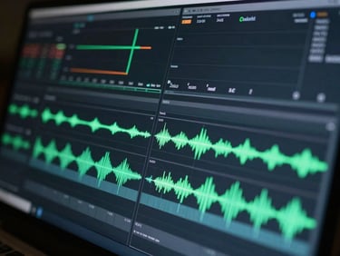 Macro shot of a professional video editing timeline in a dark color-grading suite, glowing green audio waveforms, precise cuts, low ambient light, cool backlighting.