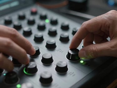 Macro shot of a high-end color grading panel, fingers adjusting a physical dial, subtle green status LED lights glowing in a low-light post-production suite.