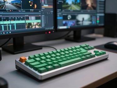 Tight macro shot of a professional editing desk, a mechanical keyboard with green keycaps, dual-monitor setup showing raw multi-cam footage being imported, low ambient cool light.