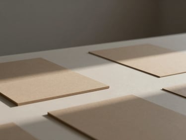Minimalist design studio workspace, soft daylight casting subtle shadows on warm sand textured paper samples, architectural lines, 50mm lens
