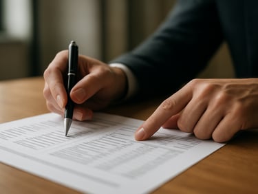 Close-up of hands on a desk, one hand holding a pen above a printed document with two columns of financial options, the other hand pointing at a specific line item — north-facing natural light, institutional interior background softly out of focus