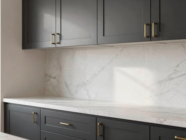 A close-up of custom dark charcoal kitchen cabinets with brass handles, meeting a white marble splashback with millimeter-perfect joints, bright natural light, 35mm