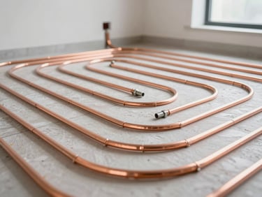 Neat professional copper pipework and underfloor heating manifolds arranged with geometric precision on a clean floor, bright lighting, 35mm