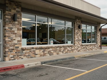 Medium environmental shot of a drive-through cafe lane in active daytime operation, a service window visible on a masonry building facade, lane markings and concrete kerbing clearly shown, natural overcast daylight, no staged people or lifestyle framing, focus on infrastructure and access geometry