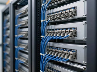 Organized server rack with cleanly routed Cat6A cables, bright commercial lighting, sharp focus, industrial blues and grays, 35mm