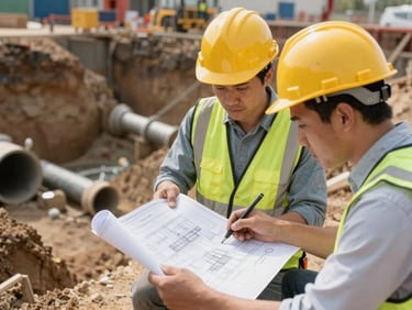 Ingénieurs en casques de chantier examinant des plans techniques à côté d'une tranchée d'installation de canalisations d'eau.