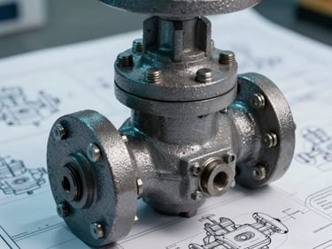 Close-up shot of a heavy-duty cast iron valve on a technical blueprint schematic, industrial gray and cyan tones, sharp focus on mechanical bolts.