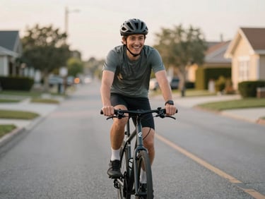 An adult rider smiling on a hybrid bicycle on a quiet suburban road, warm evening light, shallow depth of field, 35mm