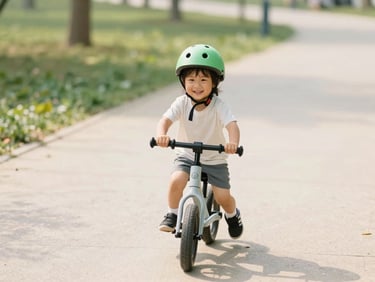 Candid medium shot of a young child smiling while riding a small balance bike on a sunny park path, wearing a green helmet, soft natural daylight, 35mm
