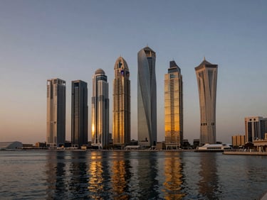 Architectural twilight shot of a modern waterfront tower in Dubai Marina, deep navy water reflections, warm interior glow