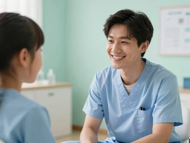 Terapeuta e paciente (criança ou adulto) sorrindo durante uma sessão de terapia da fala, com contato visual gentil, ambiente acolhedor e iluminado, sem equipamentos médicos intimidadores.